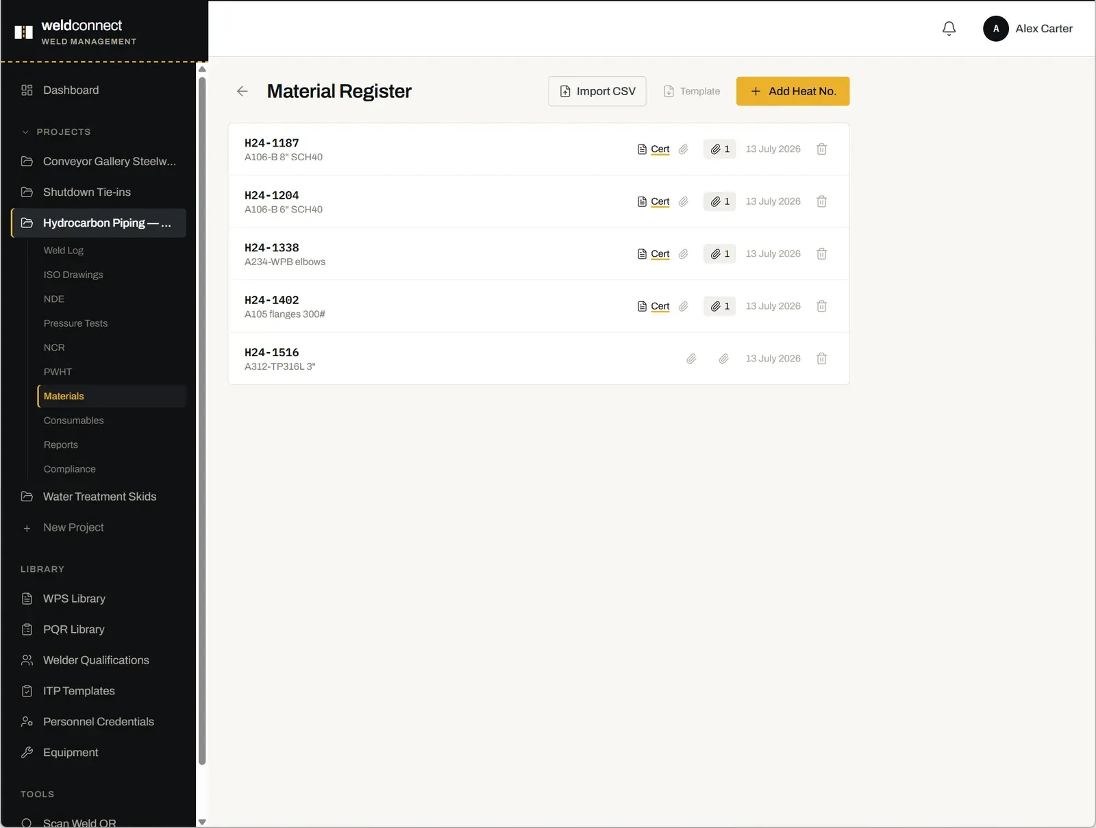 Material register with certificates attached
